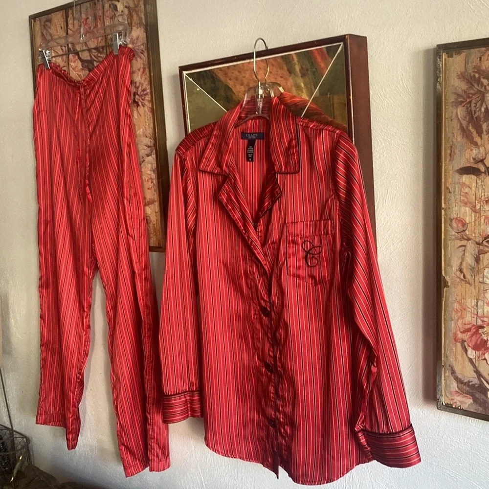 RALPH LAUREN CHAPS RED STRIPE SILKY LS BUTTON DOWN TOP DRAWSTRING PJ PANTS SET M - Picture 17 of 17